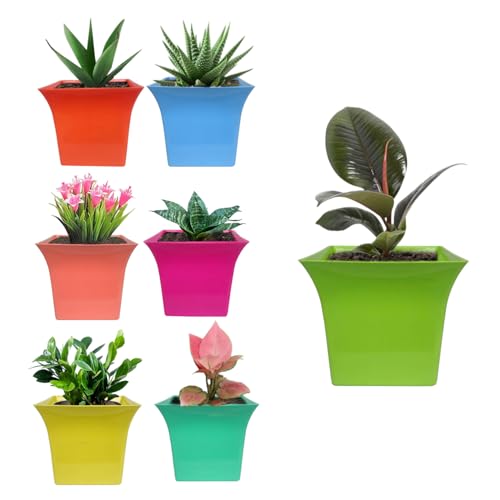 Image of Go Hooked Plastic Planter Pots Set of 7 | Multicolor Flower Pots Perfect for Home, Office & Garden Decor | Uber Square Pot 6.5 Inch for Indoor & Outdoor Plants | Durable, Lightweight & Modern Design