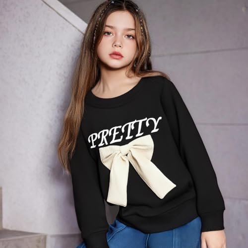Image of Kids Toddler Girl Long Sleeve Bow Sweatshirt & Denim Straight Leg Jeans Pants Fall Winter Outfits Set