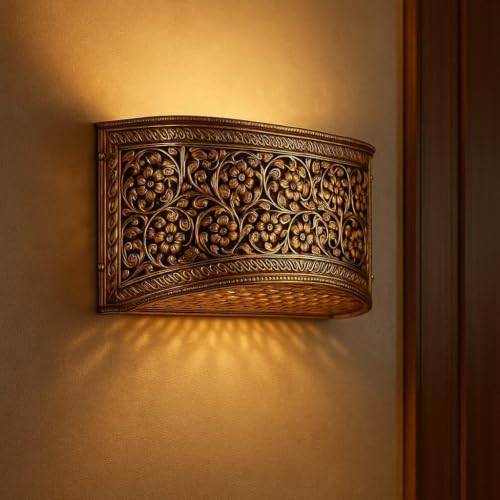 Image of Decorative Wall Brass Light, Carved Metal Design, Warm Ambient Lighting