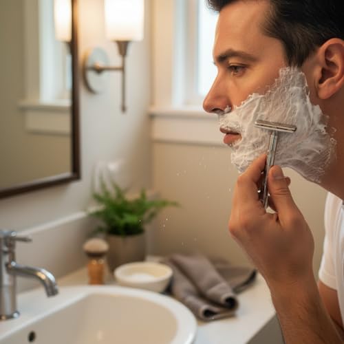 Image of Classic Double Edge Safety Razor, Stainless Steel Handle, Engraved Pattern, Polished Finish
