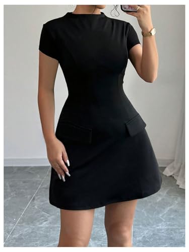 Image of SOLY HUX Women's Mock Neck Short Sleeve Dress A Line Flared Mini Dresses Pure Black Medium