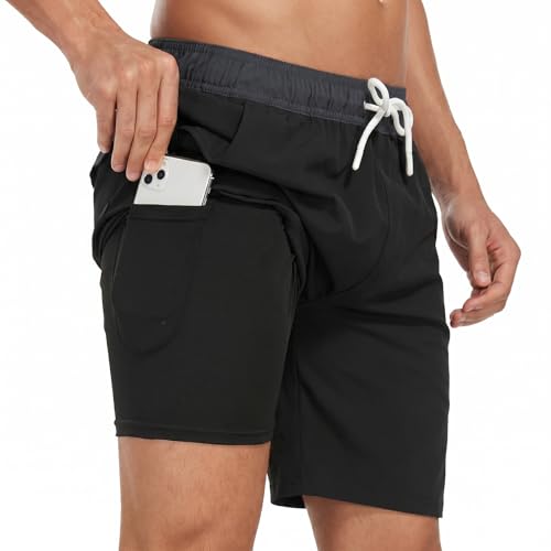 AUFIKR Fato de banho para homem, de camada dupla, com forro de compressão, 2 em 1 com bolsos, calções de surf e surf, Preto, 3XL