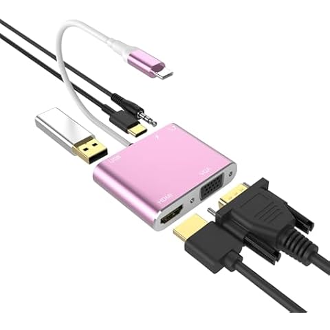 AISONK USB C to HDMI VGA Adapter, 5-in-1 Hub USB 3.0 OTG Charging Power PD Port Compatible MacBook Pro,Surface go, Galaxy S8/S9 and More Pink Cover