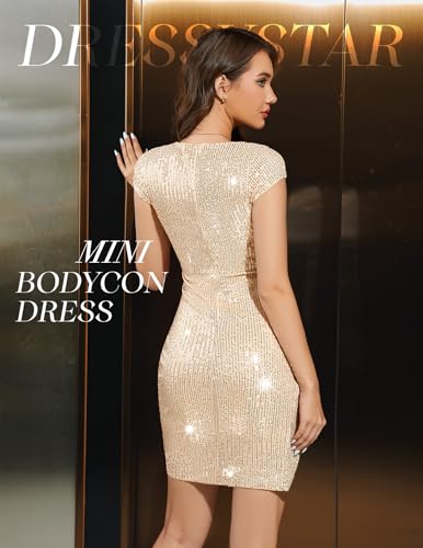 Dressystar Women's Sexy Sequin Dress Wrap Sparkly Mini Front Slit Cocktail Party Night Club Bodycon Dresses with Cap Sleeves4