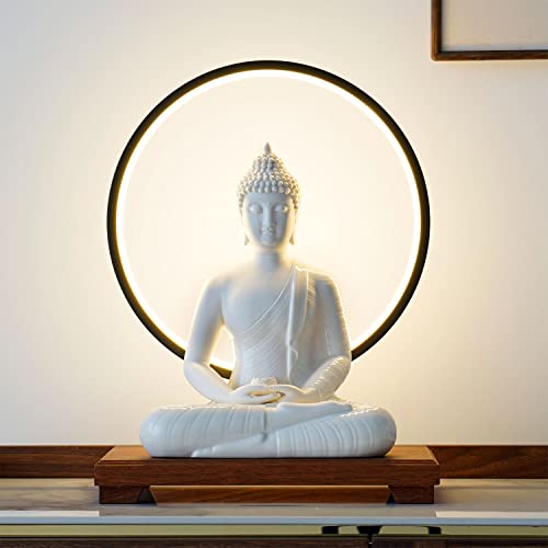 Houlu 12FODENG-W 12 In White Buddha Statue And 15.74 In Led Circle Table Lamp thumb #4