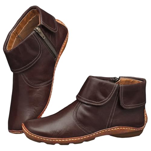 Ankle Boots for Women No Heel Arch Support Side Zipper Vintage Leather Damping Shoes Booties Fashion Casual Round Toe Non-Slip Short Boots Womens Walking Bootie Outdoor Roman Shoes3