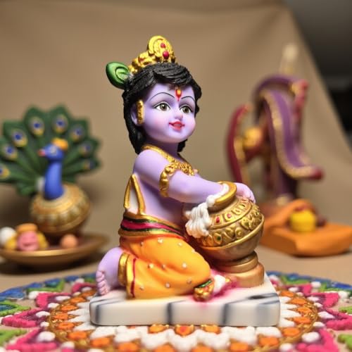Image of UNOVATE Krishna Makhan Chor Statue Figurine Showpiece for Home Temple, Living Room & Pooja Decor | Lord Krishna Idol Showpiece for Housewarming Gift for Janmashtmi (Purple Finish)