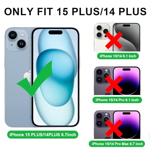 VANAVAGY Compatible for iPhone 15 Plus/iPhone 14 Plus Wallet Case for Magsafe Wireless Charging,Leather Flip[Glass Screen Protectors & Camera Lens Protectors] with RFID Block Card Holder,Blue