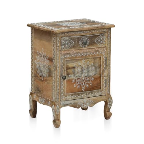 Image of APRODZ Wooden Handpainted Side Table with Door & Drawer Storage Portable Bedside End Table (Multicolor)
