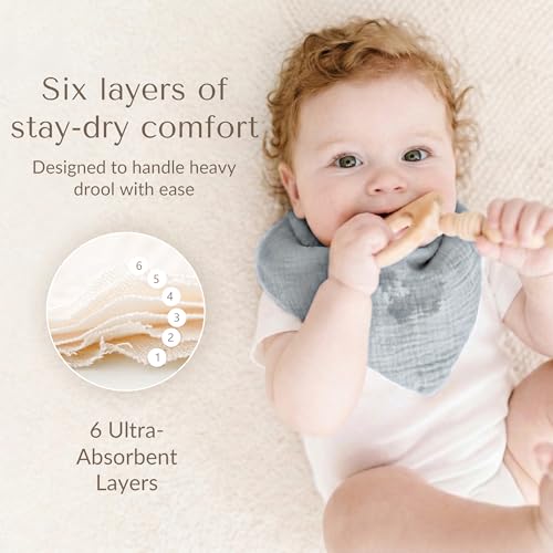 Image of Konssy 10 Pack Baby Muslin Bandana Bibs for Drooling and Teething | 100% Cotton Bibs for Boy Girl, Soft Absorbent 6-Layer Thick Cloth, Pre-Washed Less Shrinkage, Newborn Infant Toddler