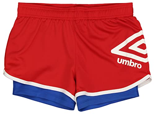 Umbro Girl's Youth (4-14) 2 in 1 Mesh Knit Soccer Training Shorts, Vermillion/TW Royal