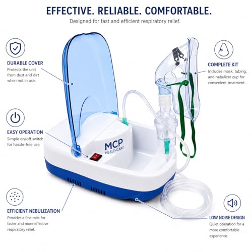 Image of MCP Healthcare Air Compressor Nebulizer | 6 Months Warranty | Complete Kit with Masks, Mouthpiece & Filters | With Low Noise & Storage for Adults & Kids (Blue & White)