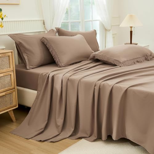 Image of Andency Oversized King Comforter Set with Sheets 128x120 Taupe - 7 Pieces Bed in a Bag Boho Soft Lightweight Bedding Sets, Tassel Bed Set with Comforter, Sheets, Pillowcases & Shams