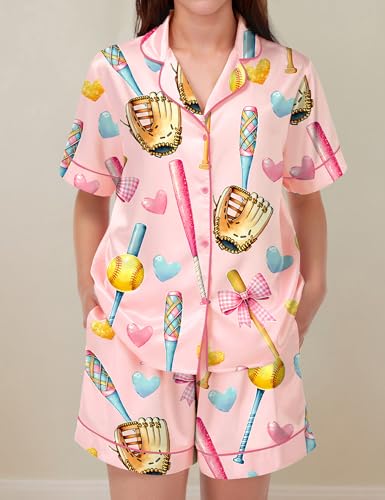 Image of SHESHOW Pajamas for Women Set Satin Button Down Short Sleeve Top and Shorts Pjs Sets Sport Ball Print Sleepwear XS-XXL