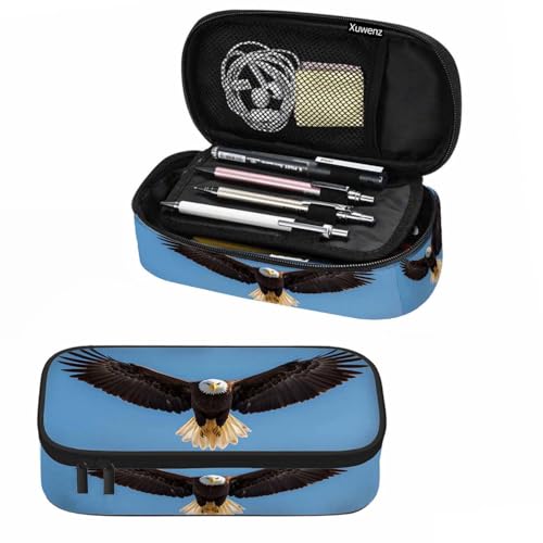 Xuwenz Bald Eagle Pencil Bag Animal Bird Black Wings Blue Big Capacity Pencil Case Pencil Pouch Pen Bag for Teen Men Women