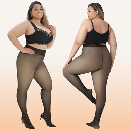 Image of WiliW Plus Size Fleece Lined Tights for Women, Sheer Winter Warm High Waist Thermal Tights Fake Translucent