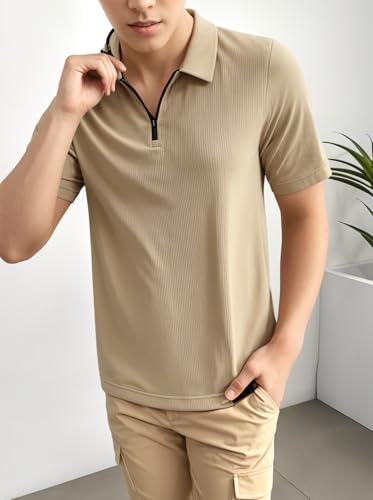 Image of Mack Jonney Ribbed |Regular Fit | Half Sleeves 100% Cotton Polo Neck Self Design with Zip T-Shirt for Men-M826