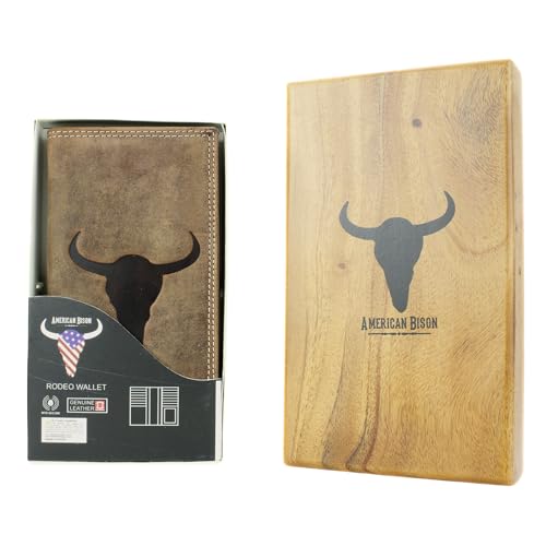 American Bison Men’s Rodeo Wallet – Embossed Bison Skull Leather Bi-Fold, 12 Card Slots, ID Window, 4 Bill Compartments, Pen Holder – Wooden Gift Box (Brown)2