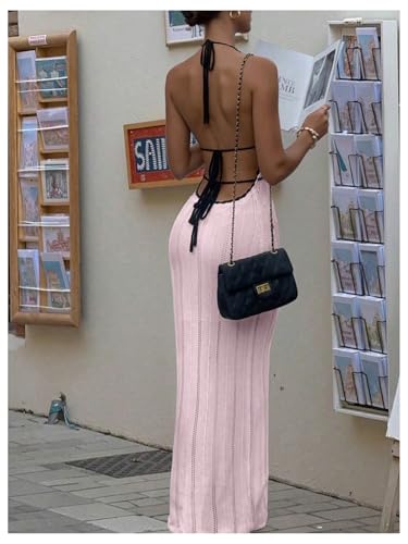 Image of SOLY HUX Women's Tie Backless Maxi Halter Dress Deep V Neck Sleeveless Knit Elegant Dresses