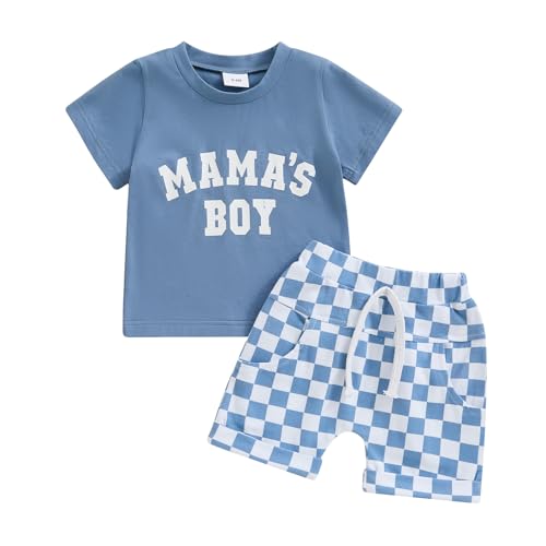 Image of mlpeerw Toddler Baby Boy Summer Clothes Mamas Boy Short Sleeve T-Shirt Casual Shorts Set Newborn Outfit (Blue Checkerboard Plaid, 12-18 Months)