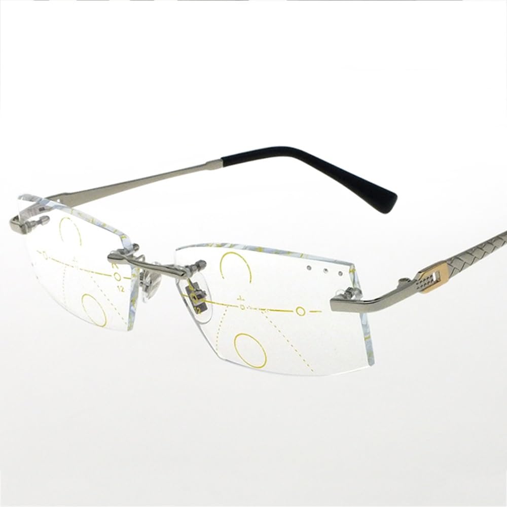 Sfive Men's Silver 1.0-3.0 Progressive Multifocus Reading Glasses Rimless Metal Eyeglasses For Wo Hd Presbyopic Glasses Lightweight (Color : Size : +3.0)