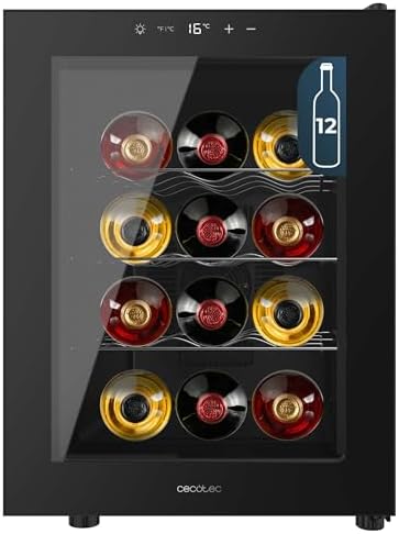 Cecotec Vinoteca 12 Botellas Bolero GrandSommelier 1255 CoolCrystal E. Estantes Metálicos, Control Táctil, Temperatura 8 a 18ºC, Temperatura 8 a 18ºC, Negra