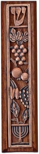 5"H Mahogany Wood Mezuzah with Metal Design