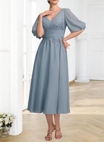 Lace Appliques Mother of The Bride Dresses for Wedding 1/2 Sleeve Tea Length Formal Evening Gown3