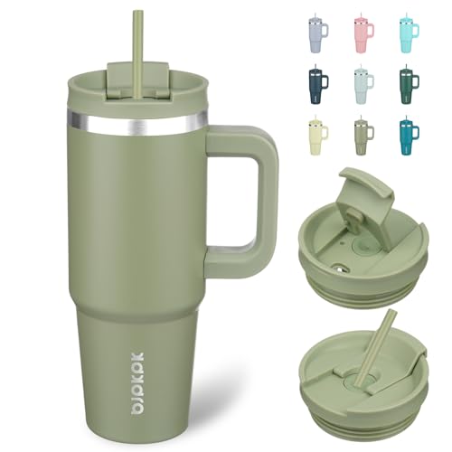 Image of BJPKPK 30 oz Stainless Steel Tumbler With Handle Insulated Tumblers With 2 Straw Travel Coffee Mug With Lid,Sage