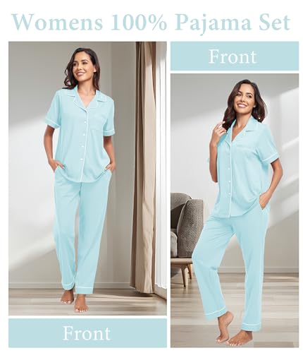 Image of CF Womens 100% Cotton Pajamas Set Button Down Pjs Sets Short Sleeve Top & Long Pants Sleepwear Comfy Loungewear with Pockets
