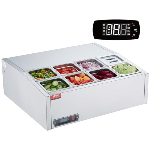 VEVOR Estación de Preparación de Condimentos Refrigerada, Estación de Condimentos Refrigerada para Encimera de 145 W, Mesa de Preparación con Protector de Acero Inoxidable de 760 x 670 x 280 mm