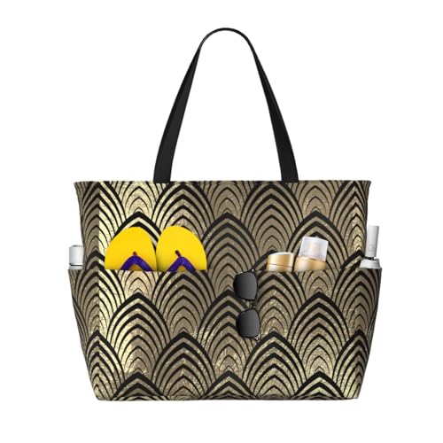 Grand sac de plage Art Déco noir et or pour vos journées ensoleillées et sorties élégantes