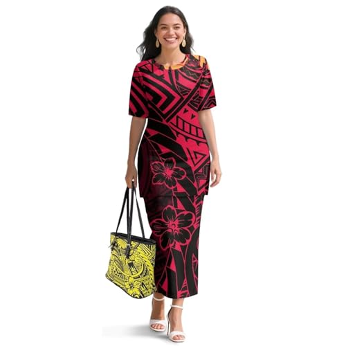 Puletasi Samoan Traditional 2 Piece Outfits for Women Short Sleeve Crop Top and Maxi Skirt Sets Puletasi Dress