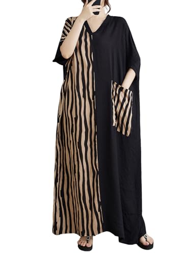 Women Plus Size Summer Dress Black & Brown Striped Patchwork Maxi Dress with Pockets Casual Loose Robe