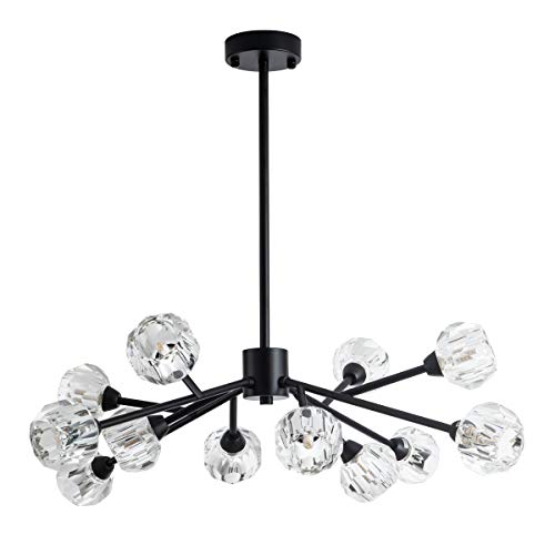 12 Lights Modern Crystal Pendant Light Chandelier Sputnik Chandelier Mid Century Black Branches Chandeliers Ceiling Light Fixtures for Dining Room Bedroom Living Room G9 Bulbs (Black)