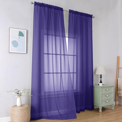 Image of Simplebrand Purple Sheer Curtains 96 Inches Long, Light Filtering Rod Pocket Solid Color Window Sheer Curtain Panels, Elegant Curtains & Drapes for Living Room, Bedroom 2 Panels (Pink, 42 inch W x 96 inch L)