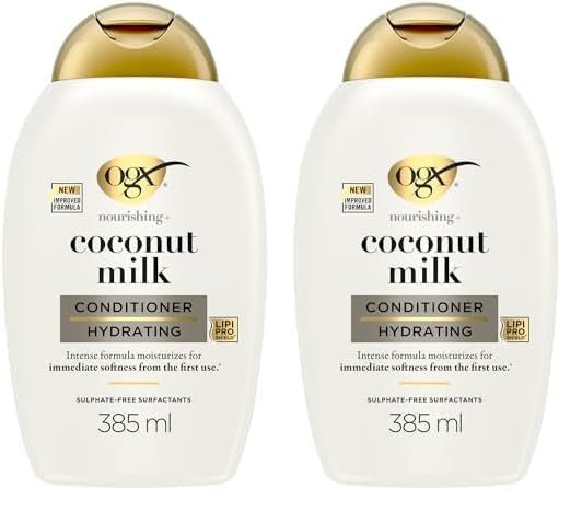 OGX Nourishing + Coconut Milk Conditioner (385 ml), acondicionador hidratante con leche y aceite de coco y proteína de leche hidrolizada, sin sulfatos, para cabello seco (Paquete de 2)