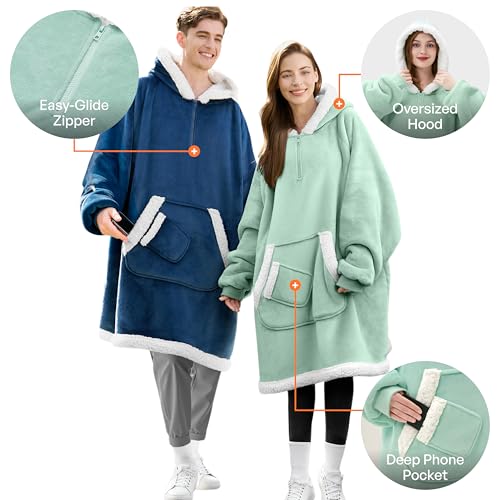 Image of Giggling Getup Wearable Blanket Hoodie for Women Men Gifts for Women Mom Wife Sherpa Fleece Hooded Blanket Sweatshirt Cozy Sherpa Wearable Throw with Pocket & Sleeves for Adult Oversize Light Green