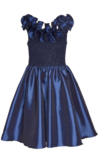 Bonnie Jean Girls 7-16 Navy Taffeta Ruffled Neckline Bow Back Christmas Dress