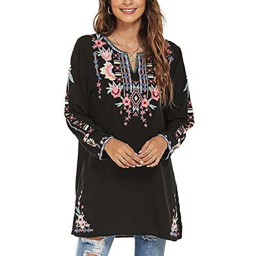 Ak Women's Mexican Boho Embroidered Tops Long Sleeve Peasant Casual Loose Tunics Fall Blouse Shirts For Women (As1, Alpha, S, Regular, Regular, 367-Black) #TOP5