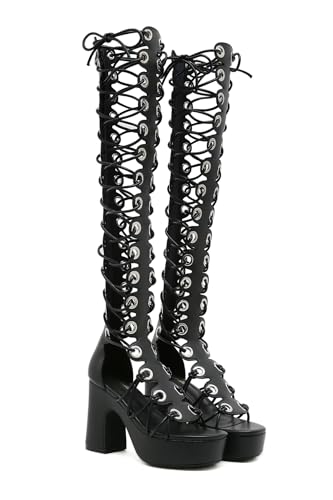 Image of STUPMARY Women Peep Toe Sandals Cut-outs Cross-tied Lace Up High Heeled Gladiator Sandals Zipper Over The Knee Bootie Summer