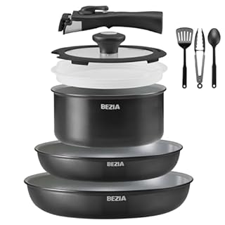 BEZIA Set Pentole e Padelle Ceramiche Antiaderenti, – 9 Pezzi a Induzione Set Padelle con Manico Rimovibile, per Tutti i Piani Cottura, Pentole Impilabili, Lavabile in Lavastoviglie/Forno, Verde
