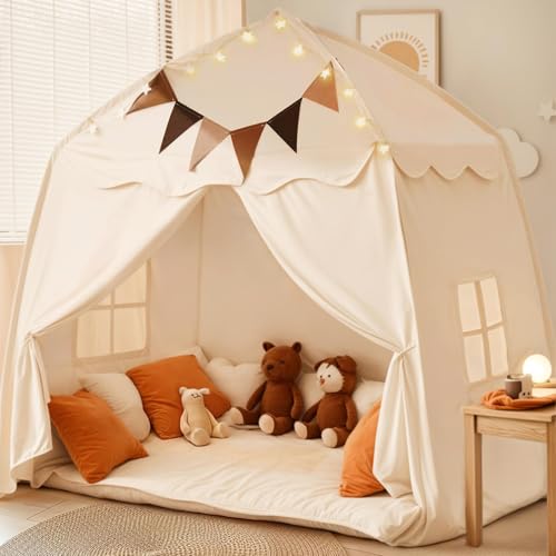 Mallify Kinderzelt Indoor, Spielzelt mit Lichtern, 150 x 100 x 150 cm Tipi Zelt Kinderzimmer (Creme)