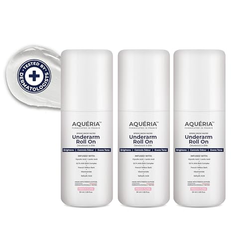 Image of Aqueria 5.5% AHA BHA French Underarm Brightening Roll On | 48H Odour Control | Flora Fragrance with 2% Niacinamide | Multi Actives, Glycolic Acid, Lactic Acid | Prevents Odor, Kills Bacteria | Exfoliates, Reduces Pigmentation & Discoloration for Even-Toned Underarms | Brightens Skin & Exfoliates Underarm | Alcohol & Aluminium Free | Deodorant for Men & Women | Pack of 3 (150ml)