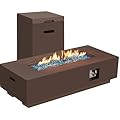 ECOTOUGE 2-Piece 56" Outdoor Rectangle Propane Fire Pit Table with Tank Holder, 50,000 BTU Concrete Fire Table with Weather-Resistant Pit Cover, Auto-Ignition, Free Lava Rocks, Fits 20lb Tank, Brown