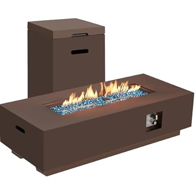 ECOTOUGE 2-Piece 56" Outdoor Rectangle Propane Fire Pit Table with Tank Holder, 50,000 BTU Concrete Fire Table with Weather-Resistant Pit Cover, Auto-Ignition, Free Lava Rocks, Fits 20lb Tank, Brown