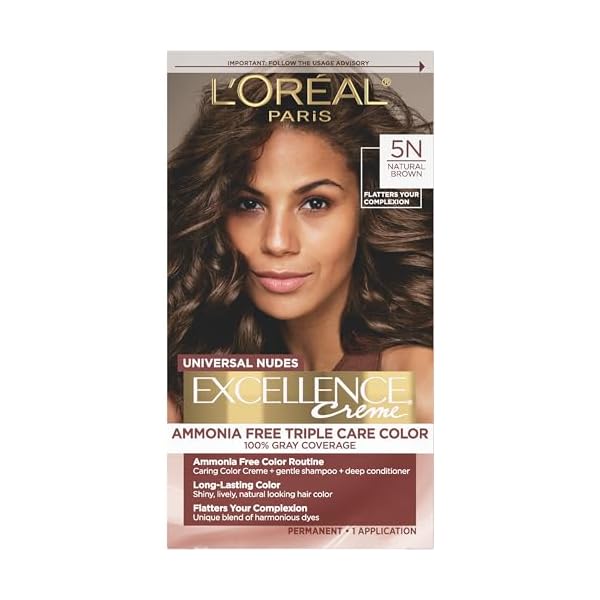 L’Oreal Paris Excellence Universal Nudes Permanent Hair Color, Ammonia Free Hair Dye for Gray Hair Coverage, 5N Natural Brown, 1 Hair Dye Kit