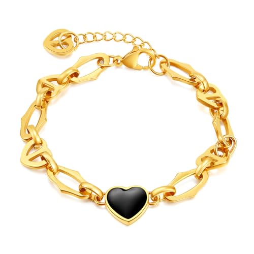 Heavstjer Fashion Stainless Steel Enamel Heart Link Chain Bracelet(Gold)