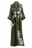 KIM+ONO Silk Kimono Robe Long - Floral Print, Yuri- Olive, 100 Percent Silk Robes for Women with Flo