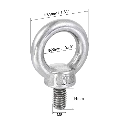 Image of uxcell Lifting Eye Bolt M8 x 14mm Male Thread with Hex Screw Nut Gasket Flat Washer for Hanging Securing Chain Wire Rope, 304 Stainless Steel, 6 Sets